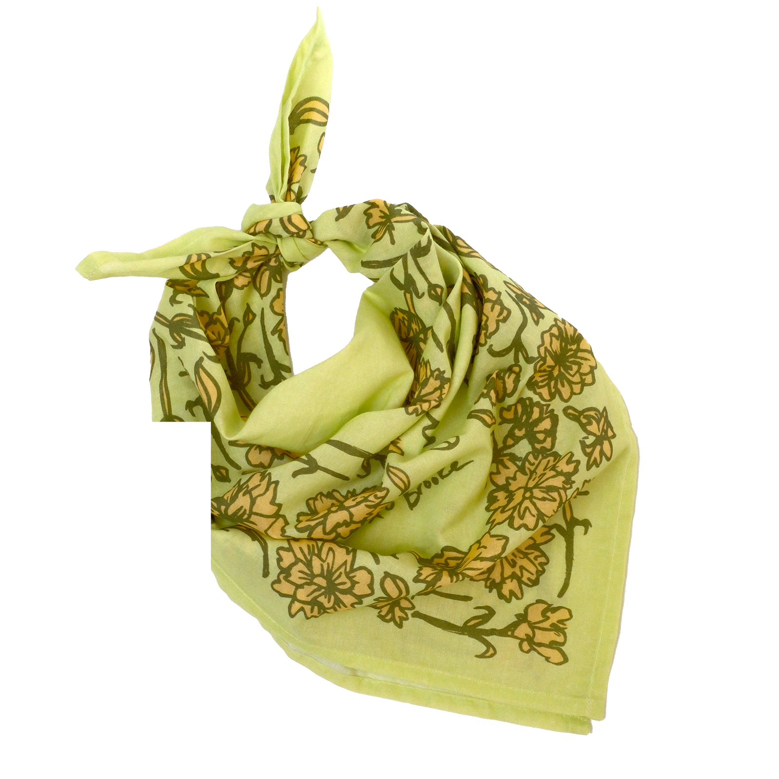 Green floral patterned bandana tied in a knot