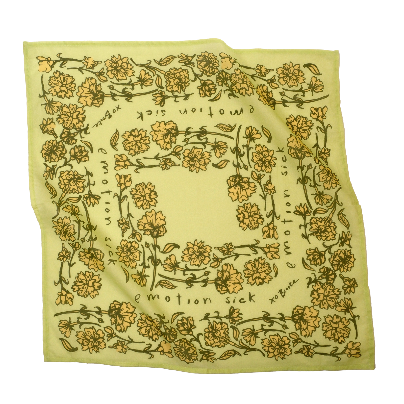 Yellow bandana with floral pattern and text design