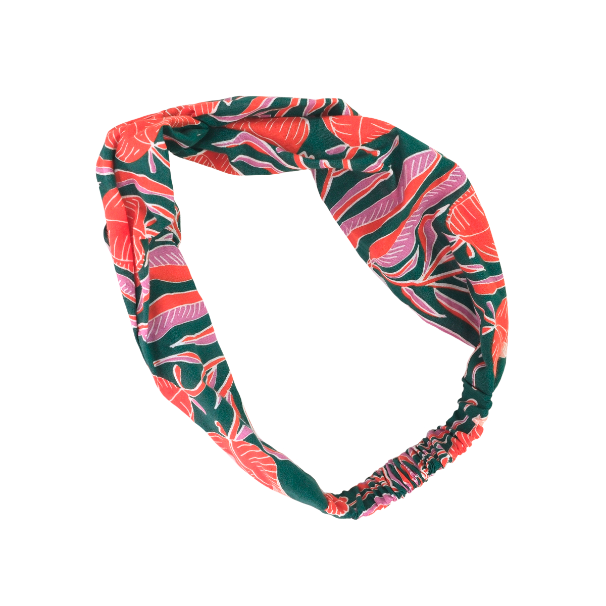 Twisted fabric headband with green background and coral and pink tropical leaf print, elasticized back