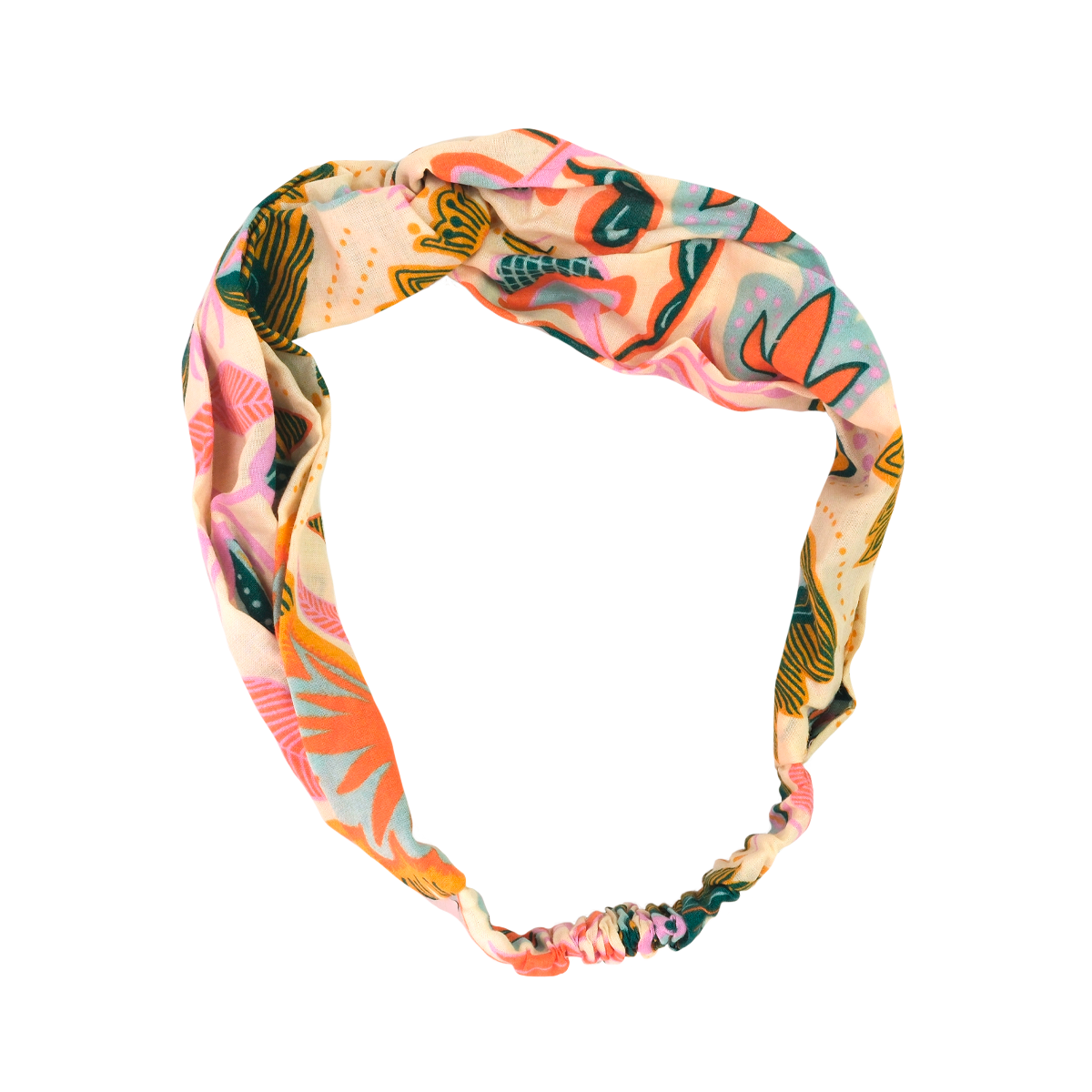 Floral-patterned fabric headband in pink, orange and teal with a twisted front and elasticized back.