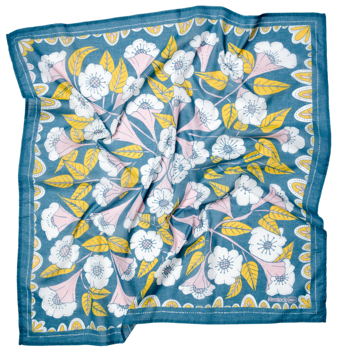 Blue square scarf patterned with white and pink stylized flowers and yellow leaves; Hemlock 083 printed at bottom-right.