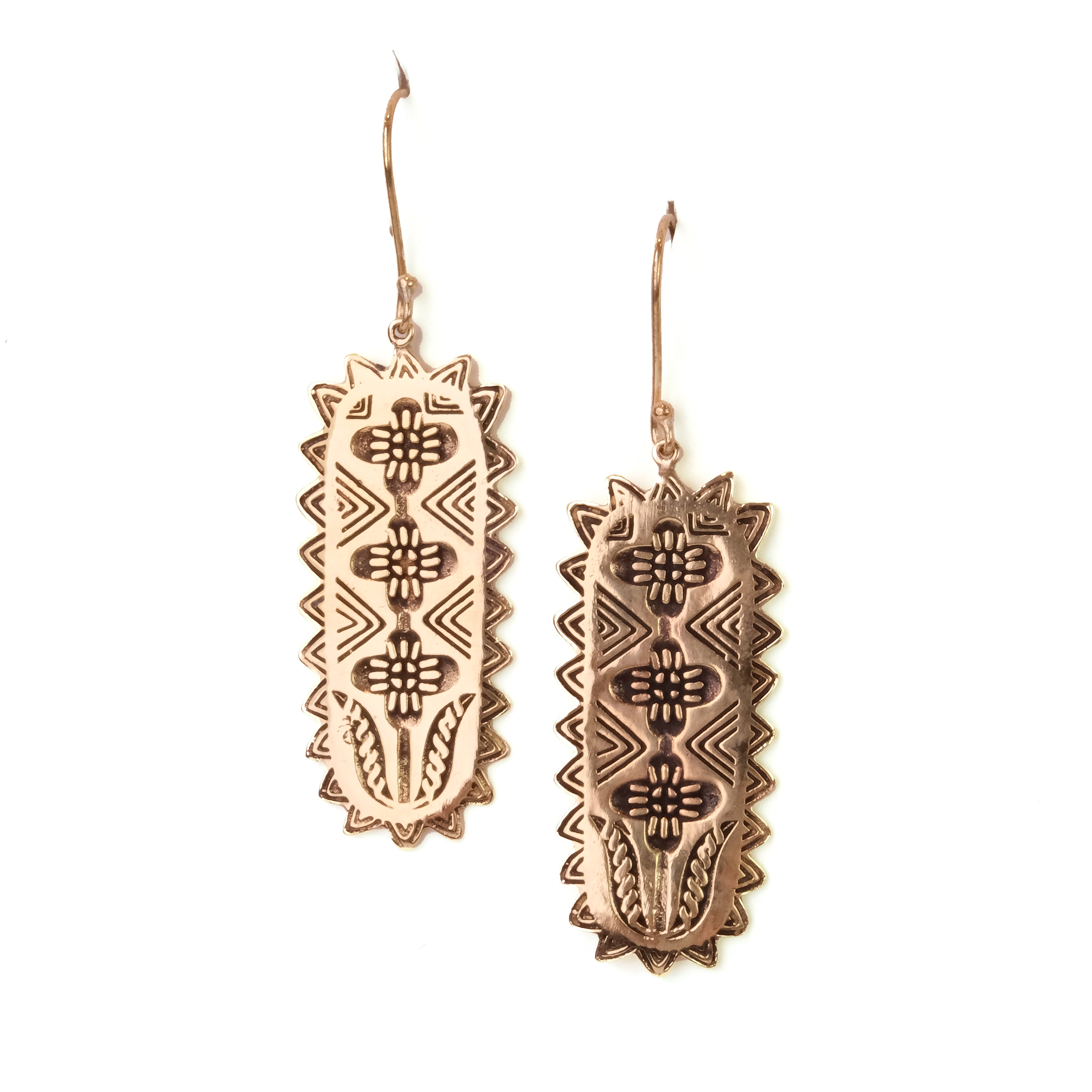 Intricate patterned rectangular earrings with hook attachments