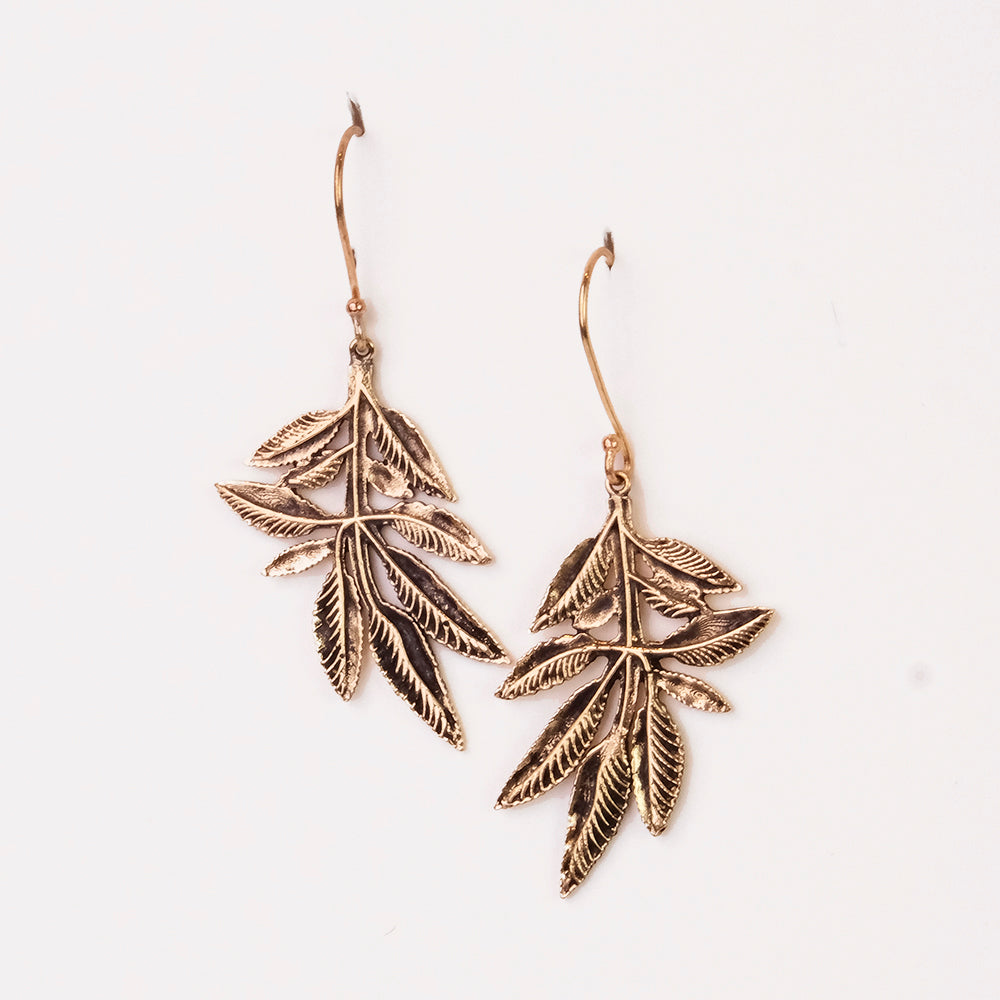 Leaf-shaped bronze earrings on a white background