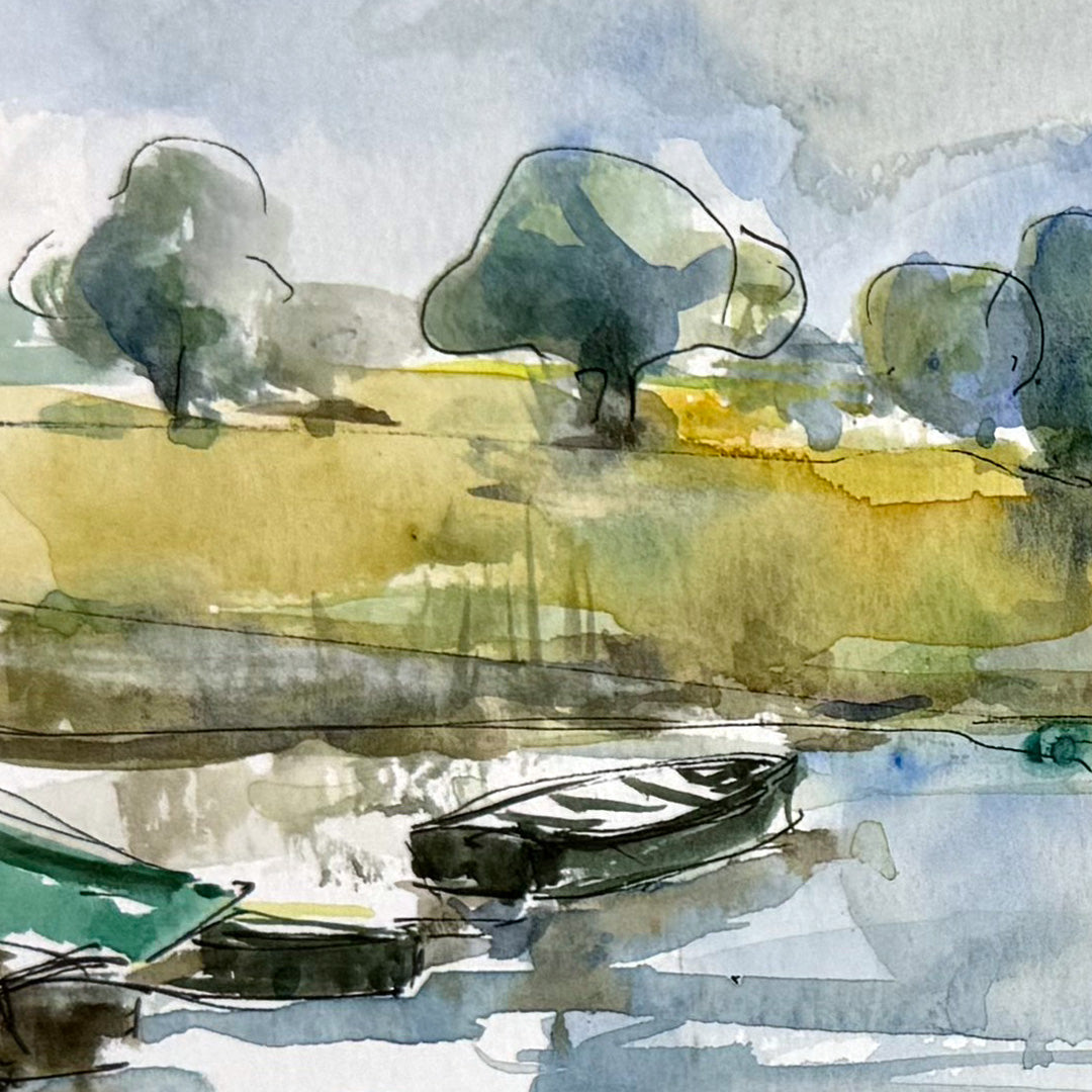 River with Boats Watercolor