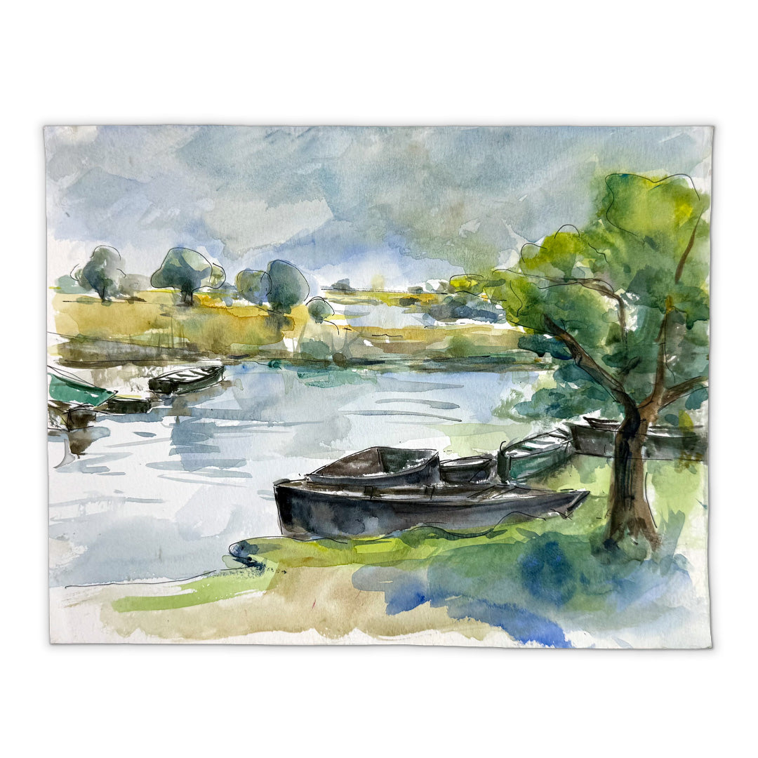 River with Boats Watercolor