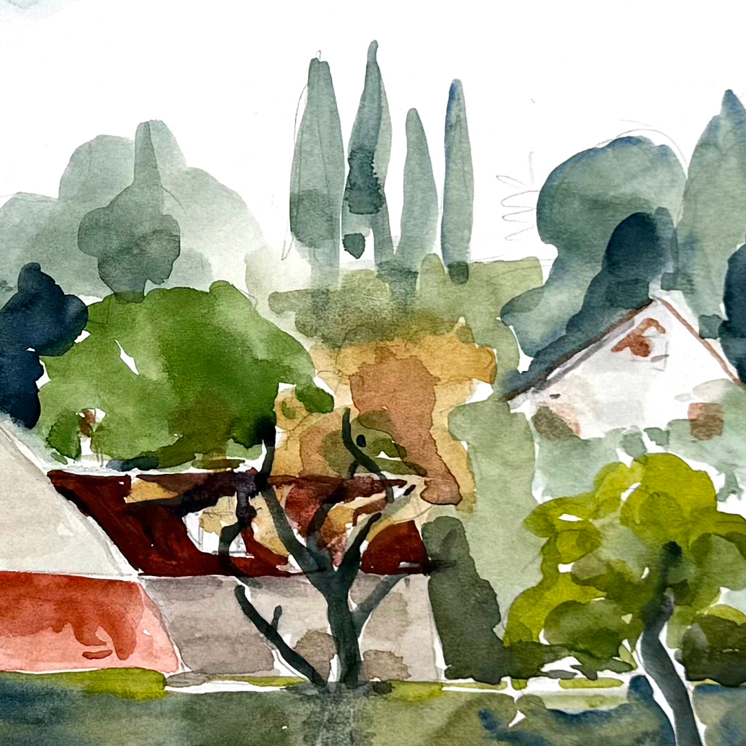 House With a Red Roof Watercolor