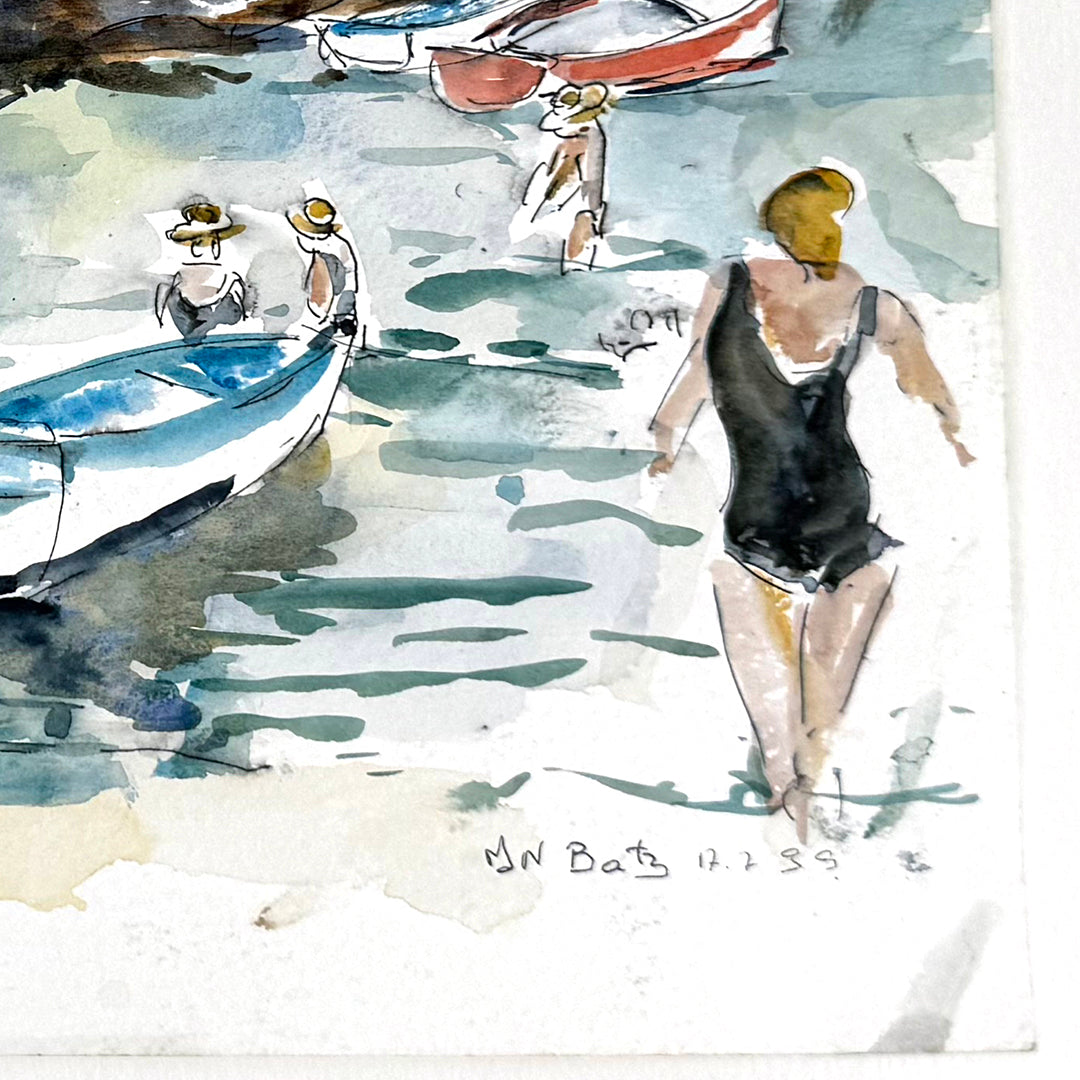 Boats Along the Shore Ink Drawing and Watercolor