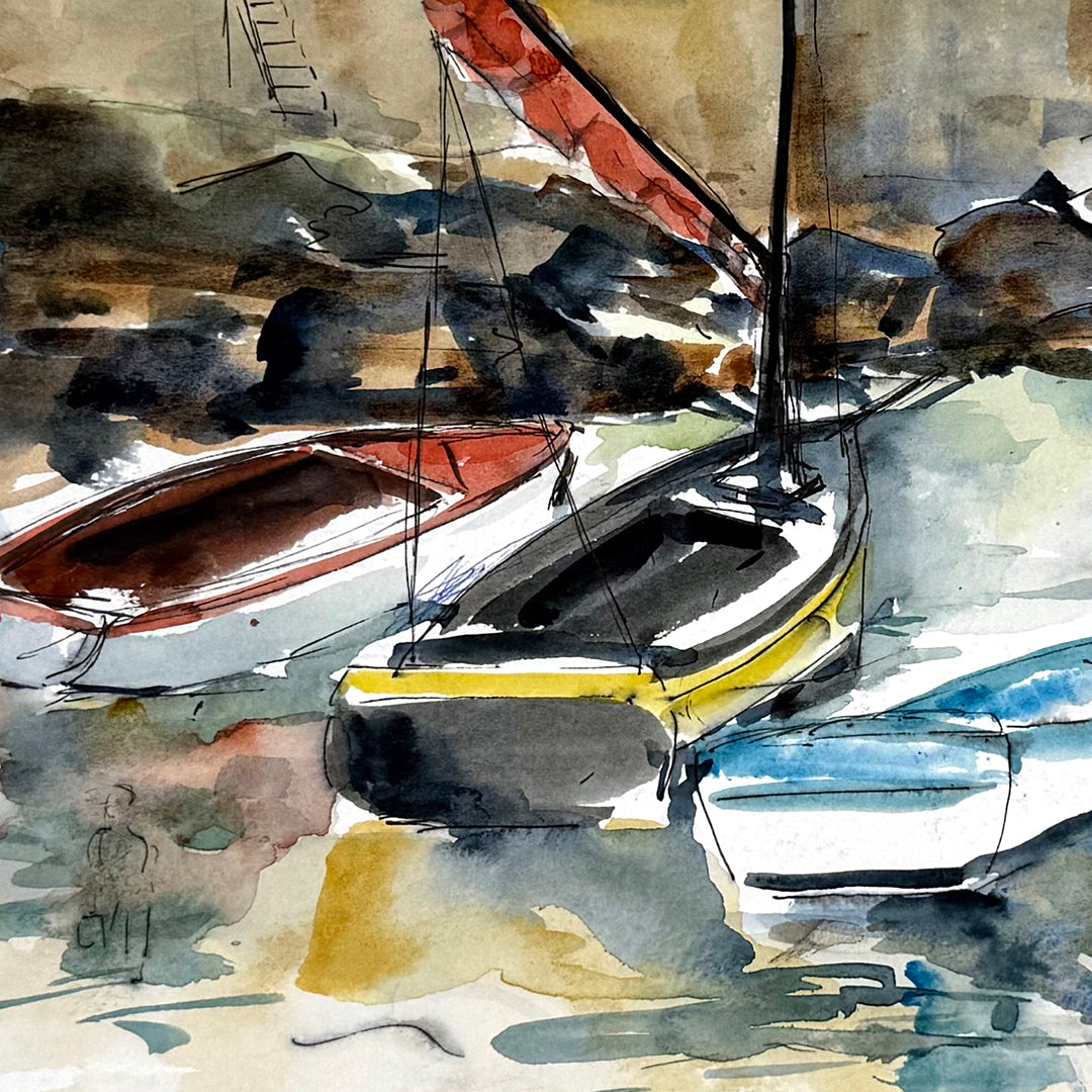 Boats Along the Shore Ink Drawing and Watercolor