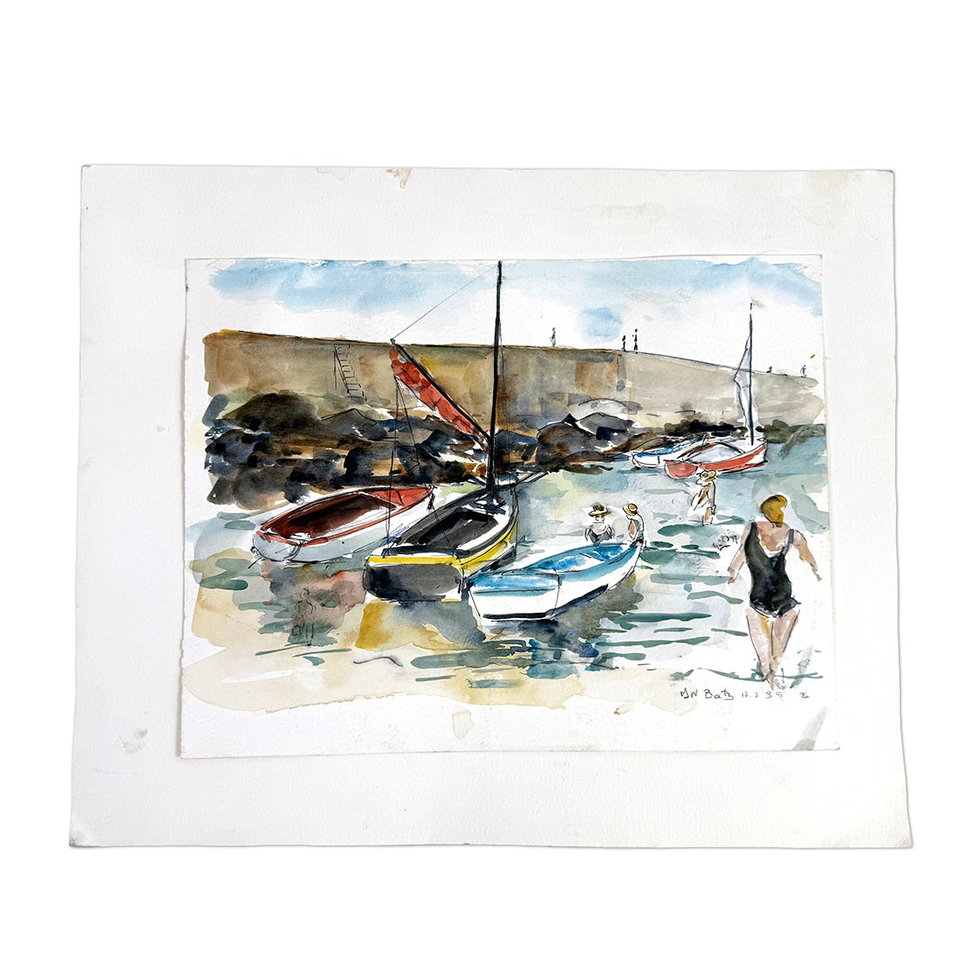 Boats Along the Shore Ink Drawing and Watercolor