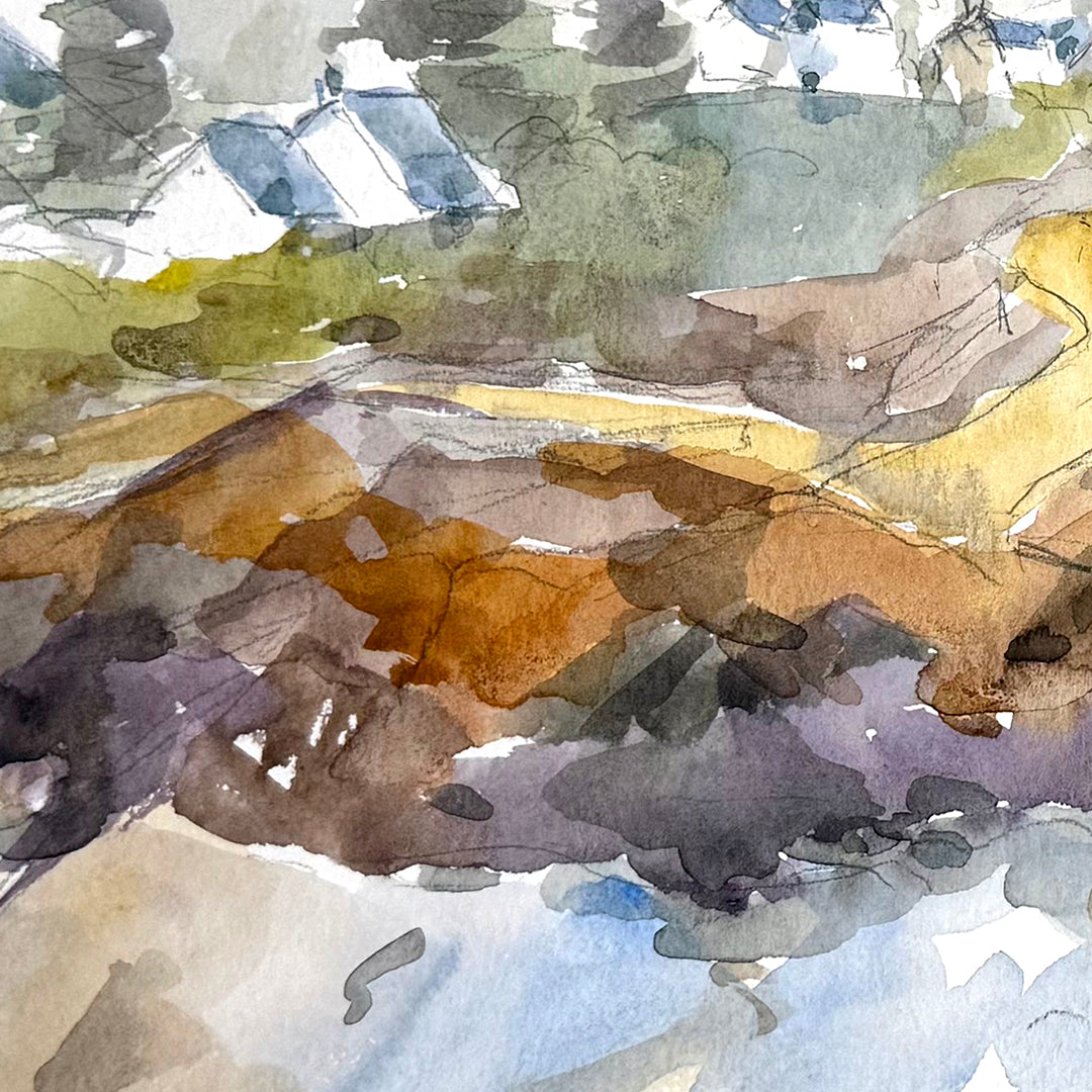 Rocky Shore and Fishing Village Watercolor