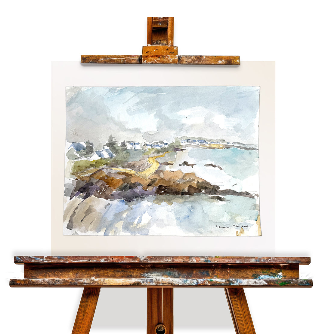 Rocky Shore and Fishing Village Watercolor