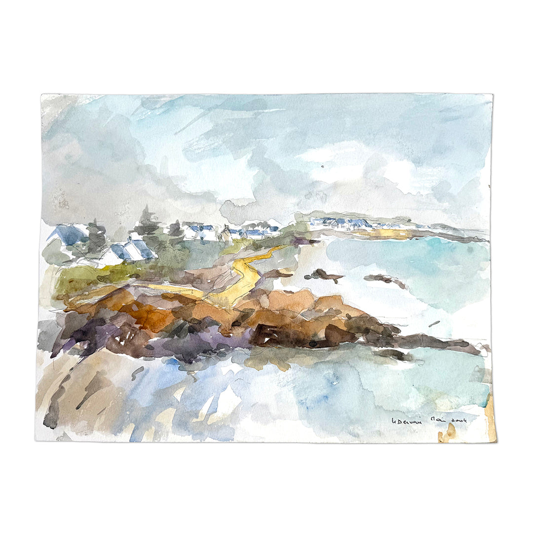 Rocky Shore and Fishing Village Watercolor