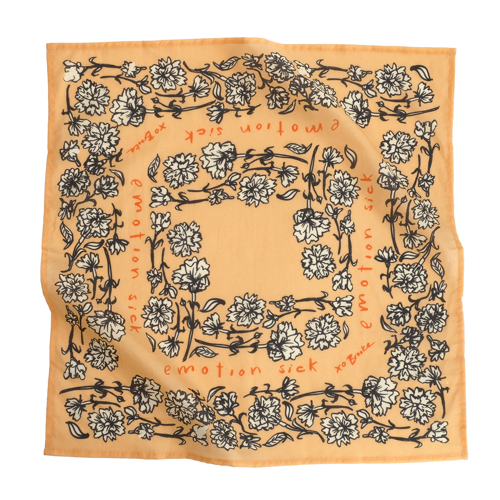 Beige bandana with black floral pattern and 'emotion sick' text in orange