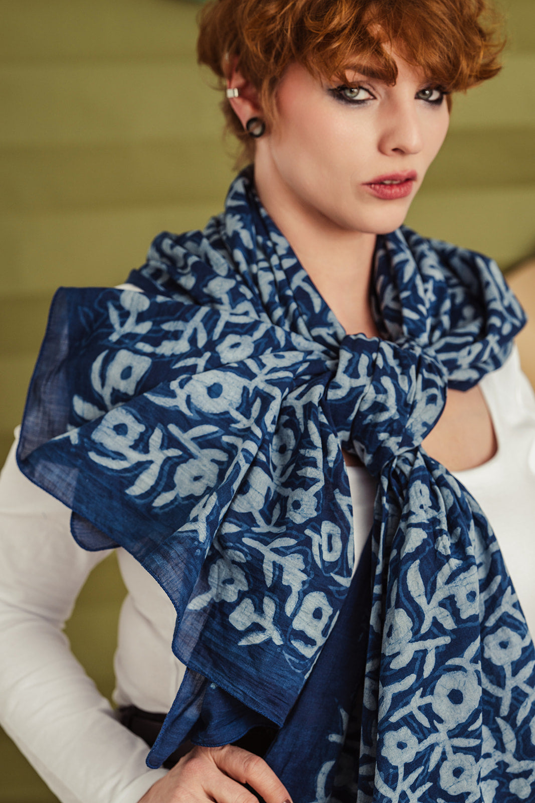 Floral Dabu Print Indigo Blue Scarf