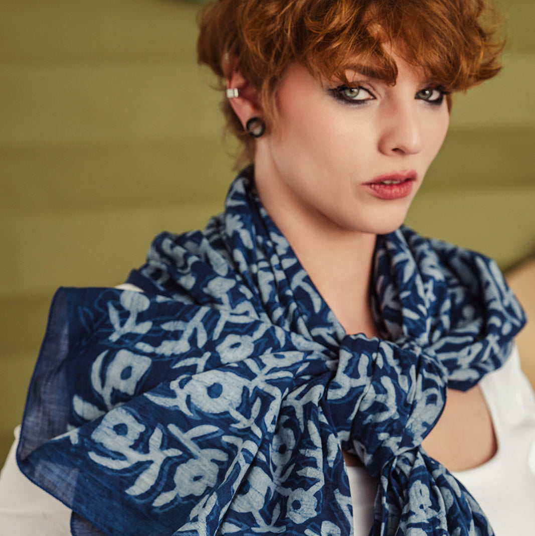 Floral Dabu Print Indigo Blue Scarf