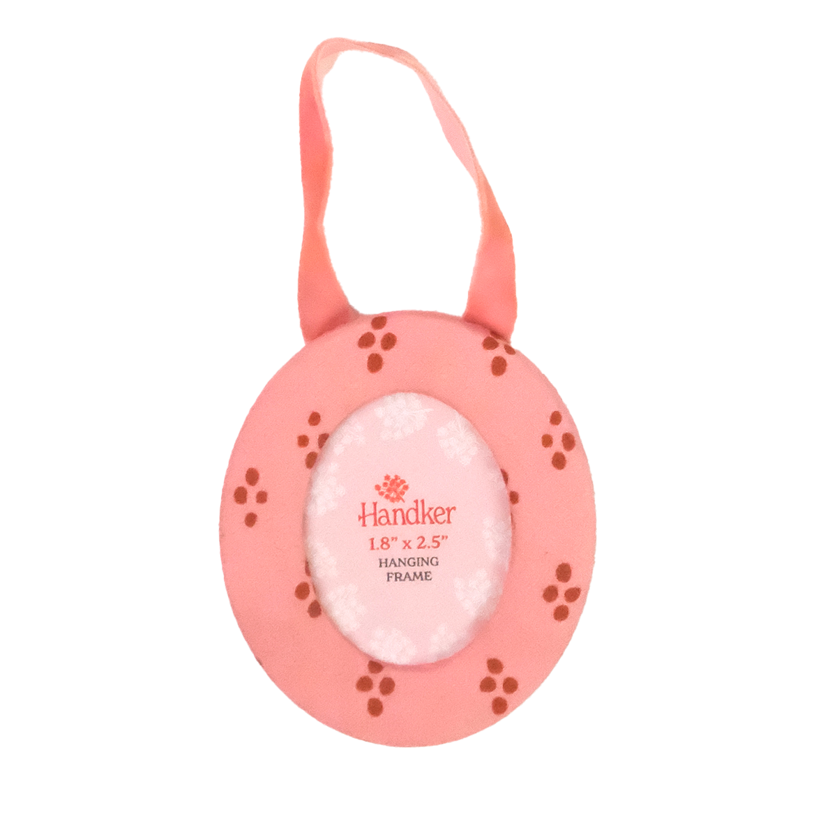 Pink and red patterned fabric oval frame with velvet ribbon for hanging