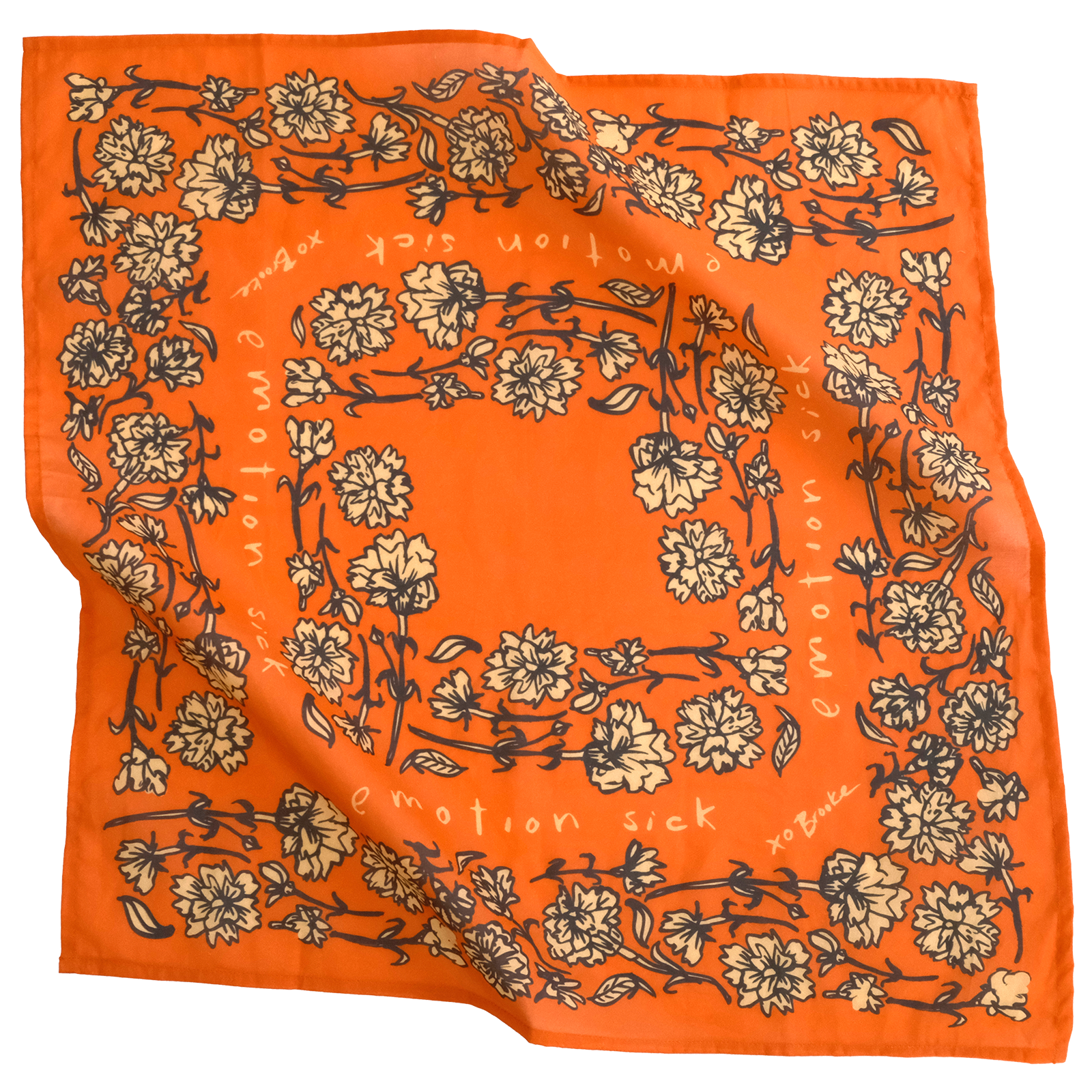 Orange bandana with floral design and text accents