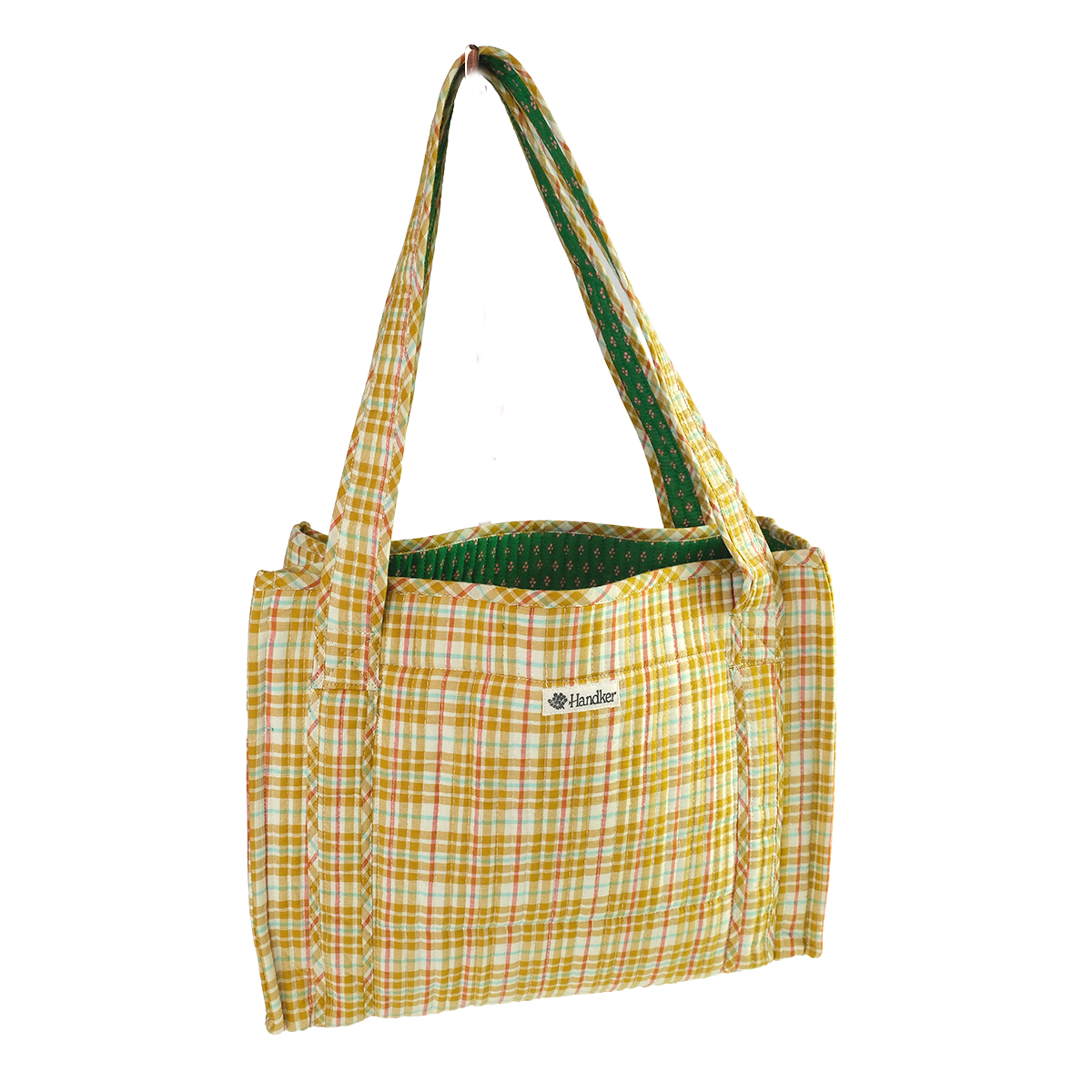Yellow and green checkered bag with a visible brand logo on a white background