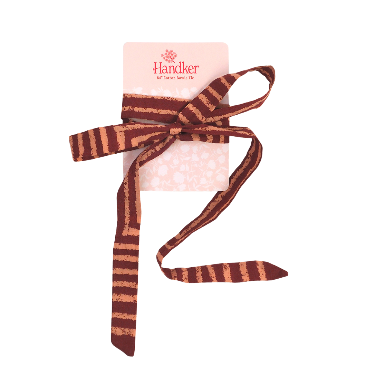 Striped brown-and-tan cotton bow tie tied on pale pink floral card labeled Handker 64" Cotton Bowie Tie