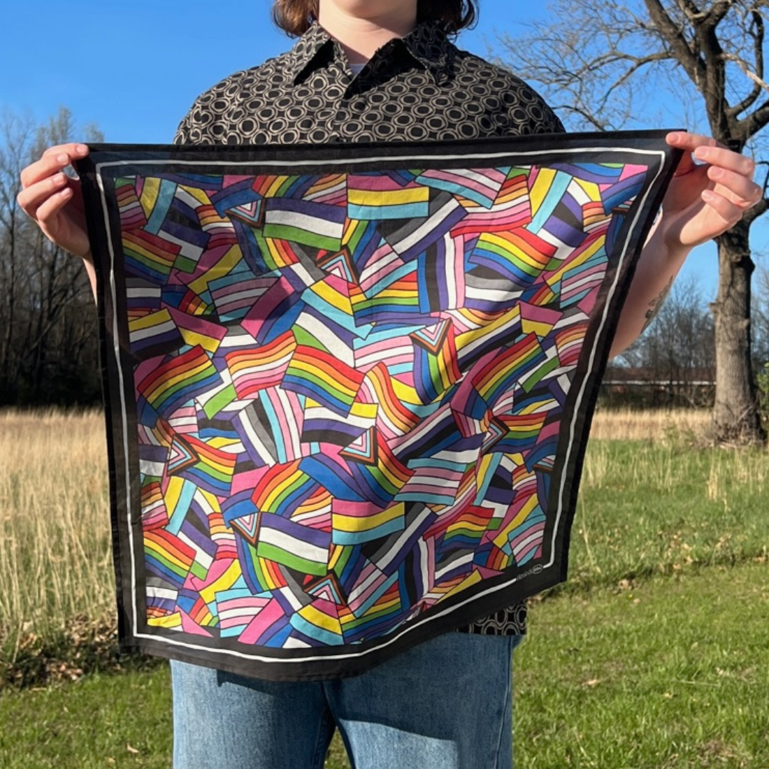 Person holding a colorful patterned scarf in a field.