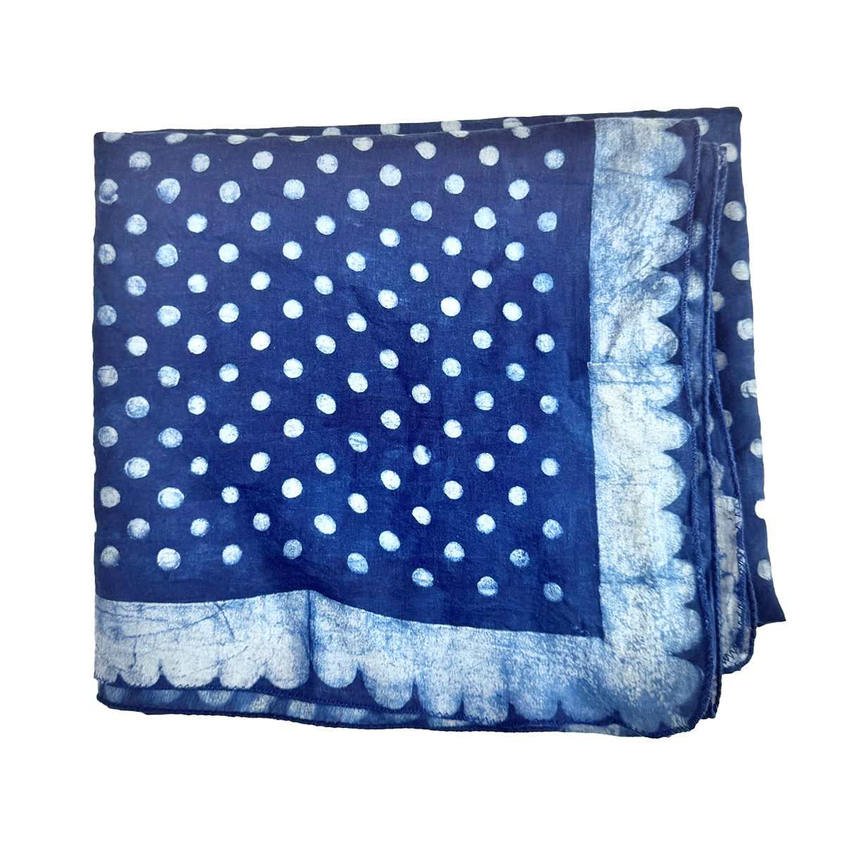 Blue scarf folded, white polka dots and white lace border