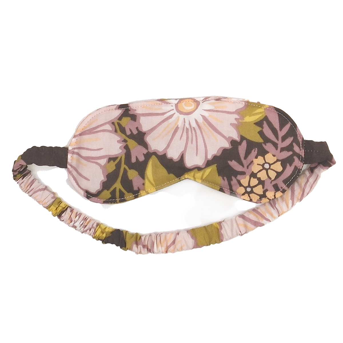 Floral fabric sleep mask with elastic ruched strap in pink, olive and brown