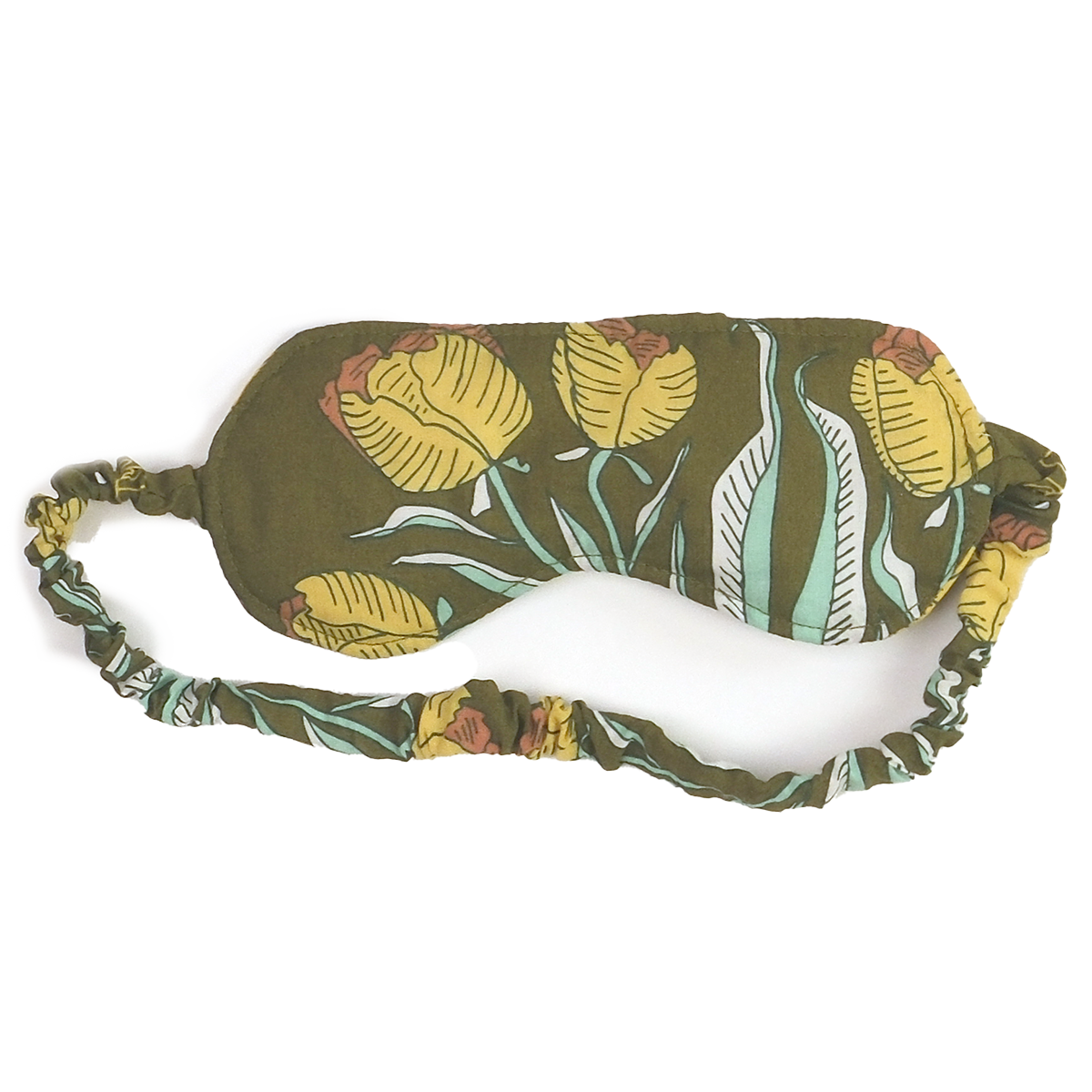 Olive-green fabric sleep mask with yellow tulip print and twisted elastic strap
