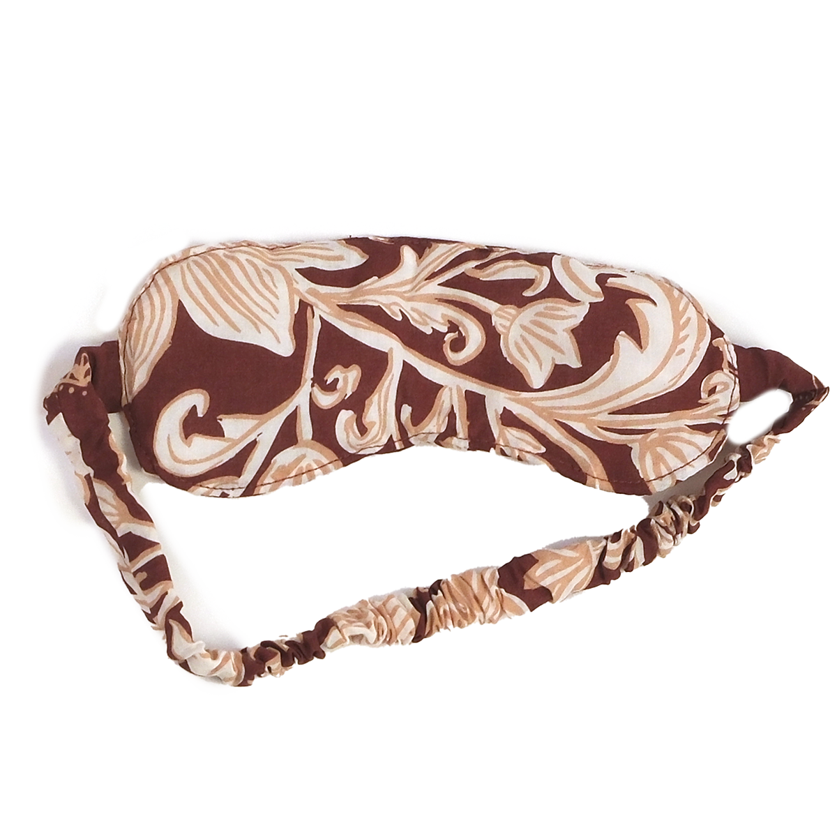 Brown and beige floral-patterned fabric sleep mask with elastic ruched strap