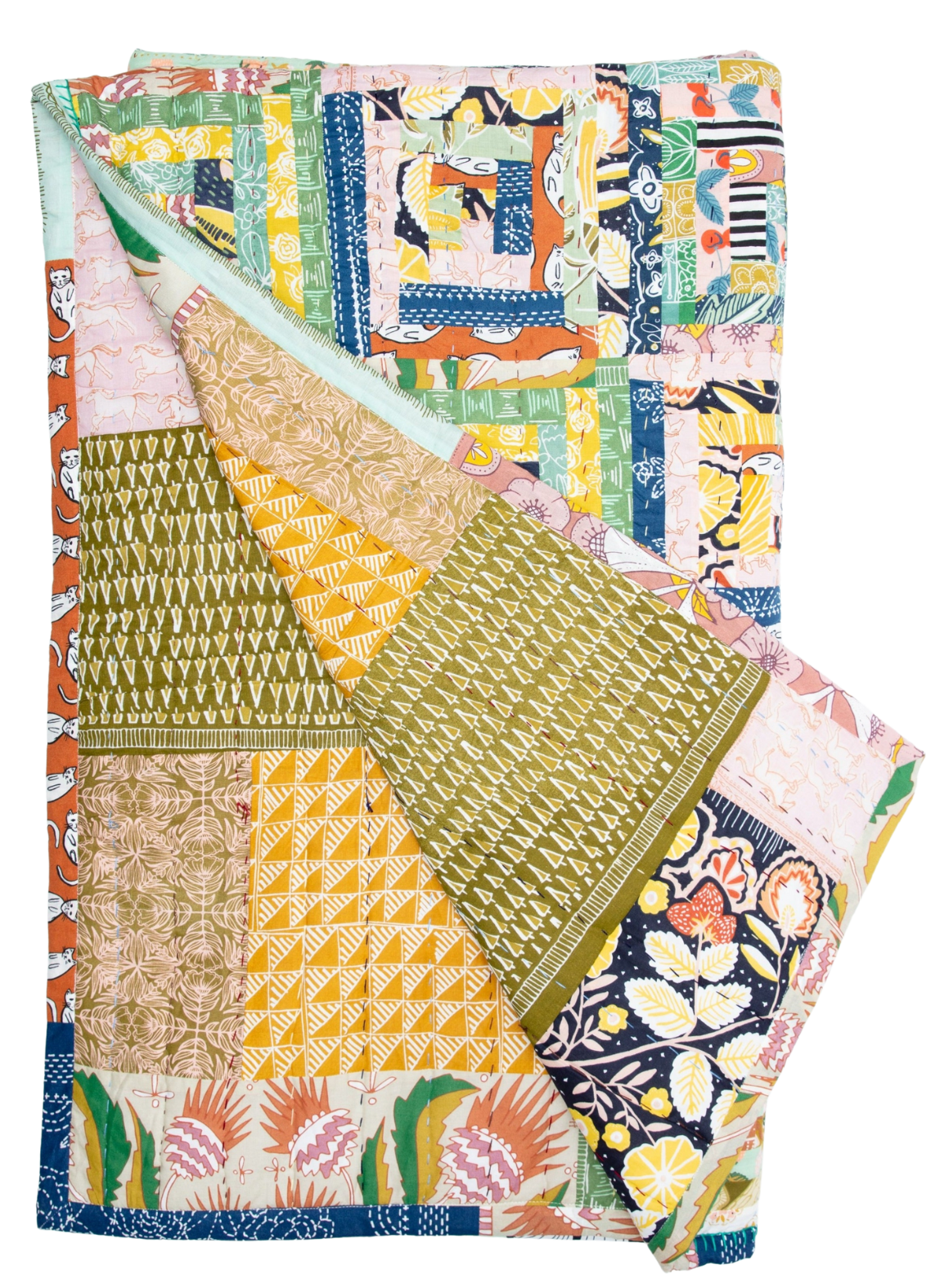 Colorful patchwork quilt with various patterns and designs