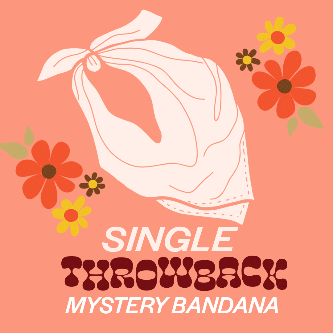 White tied bandana with retro flowers; text reads SINGLE THROWBACK MYSTERY BANDANA