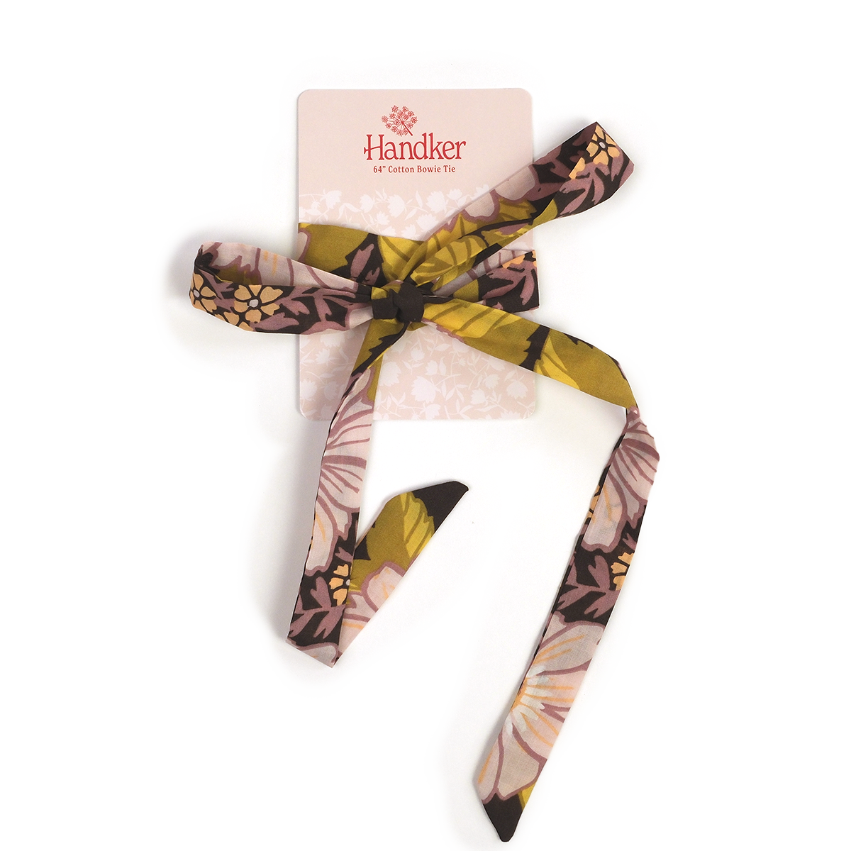 Floral cotton bow tie on a card labeled Handker 64" Cotton Bowie Tie
