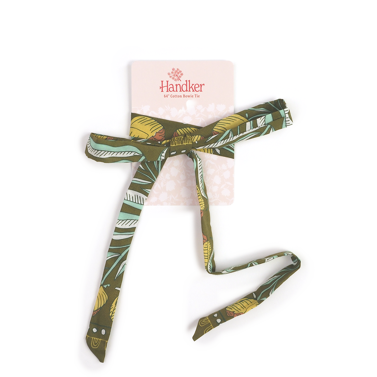 Green leaf-pattern cotton bow tie tied on a display card labeled 'Handker' and '64" Cotton Bowie Tie'.