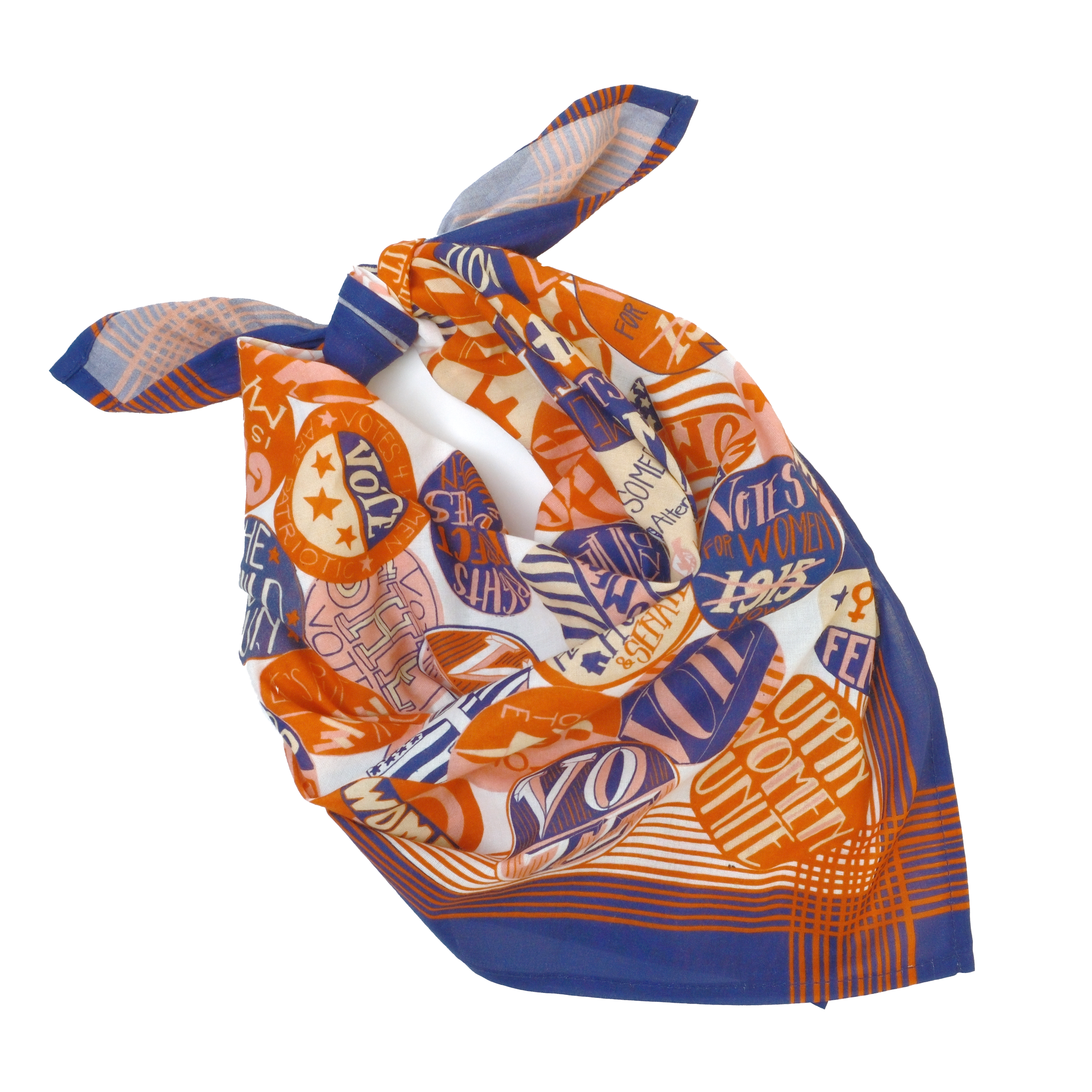 Tied orange, purple, and white patterned bandana with geometric and circular motifs