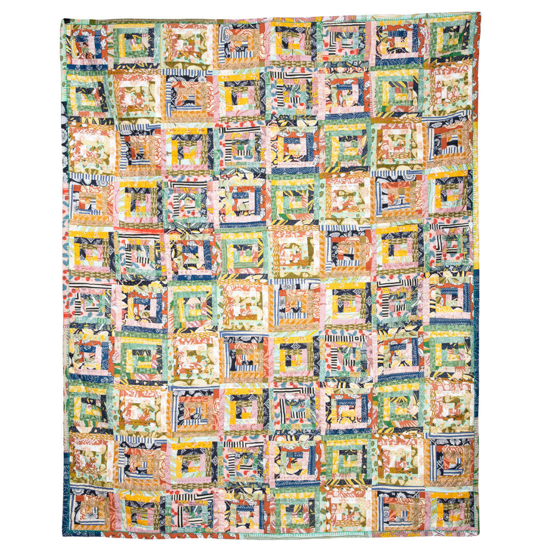 Colorful patchwork quilt with geometric patterns