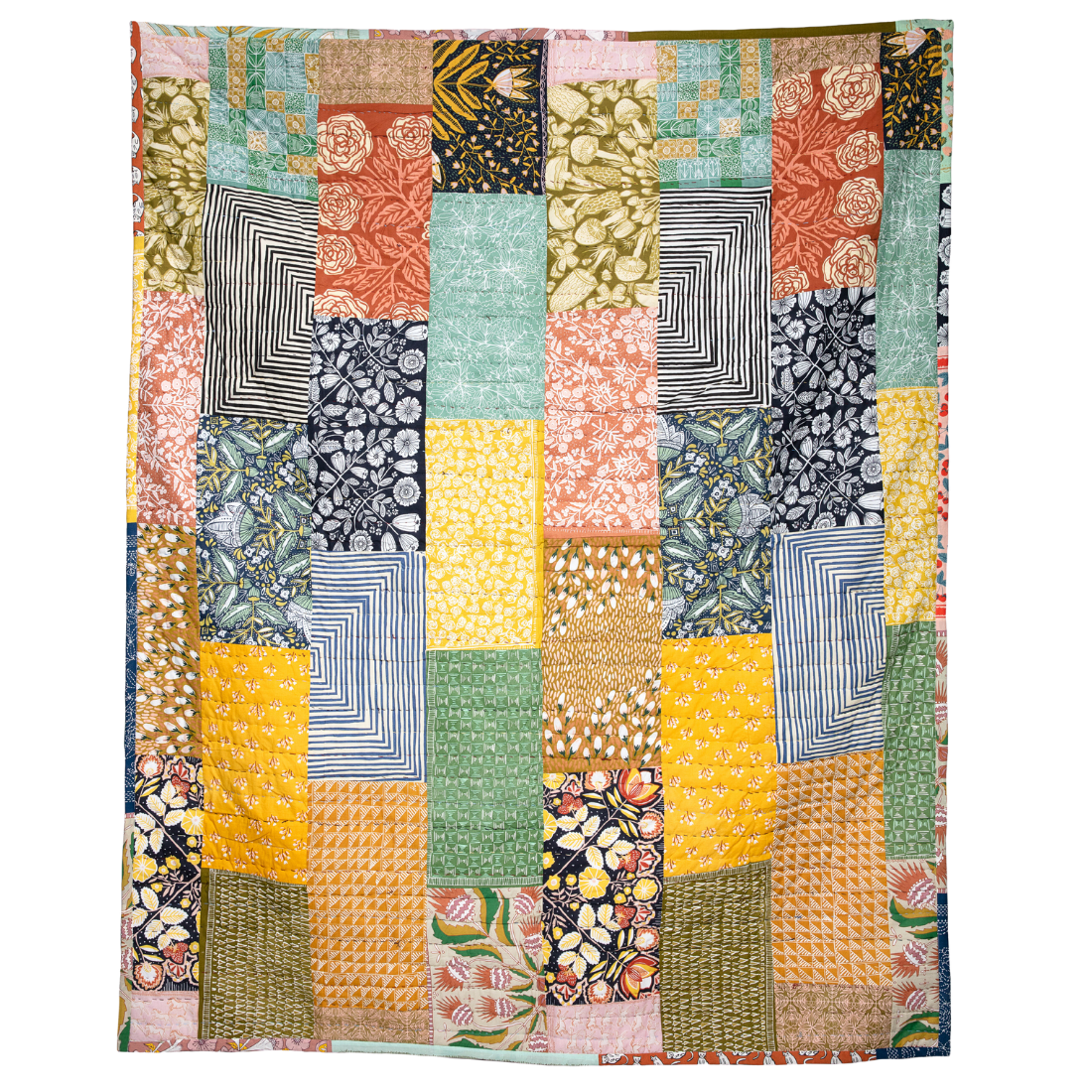 Colorful patchwork quilt with various patterns and colors.