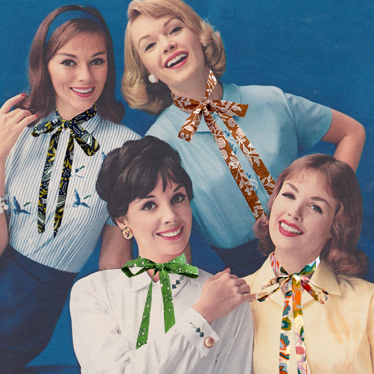 Four smiling women wearing patterned bow-style ties — black paisley, brown floral, green leaf, and multicolor floral — against a blue studio background