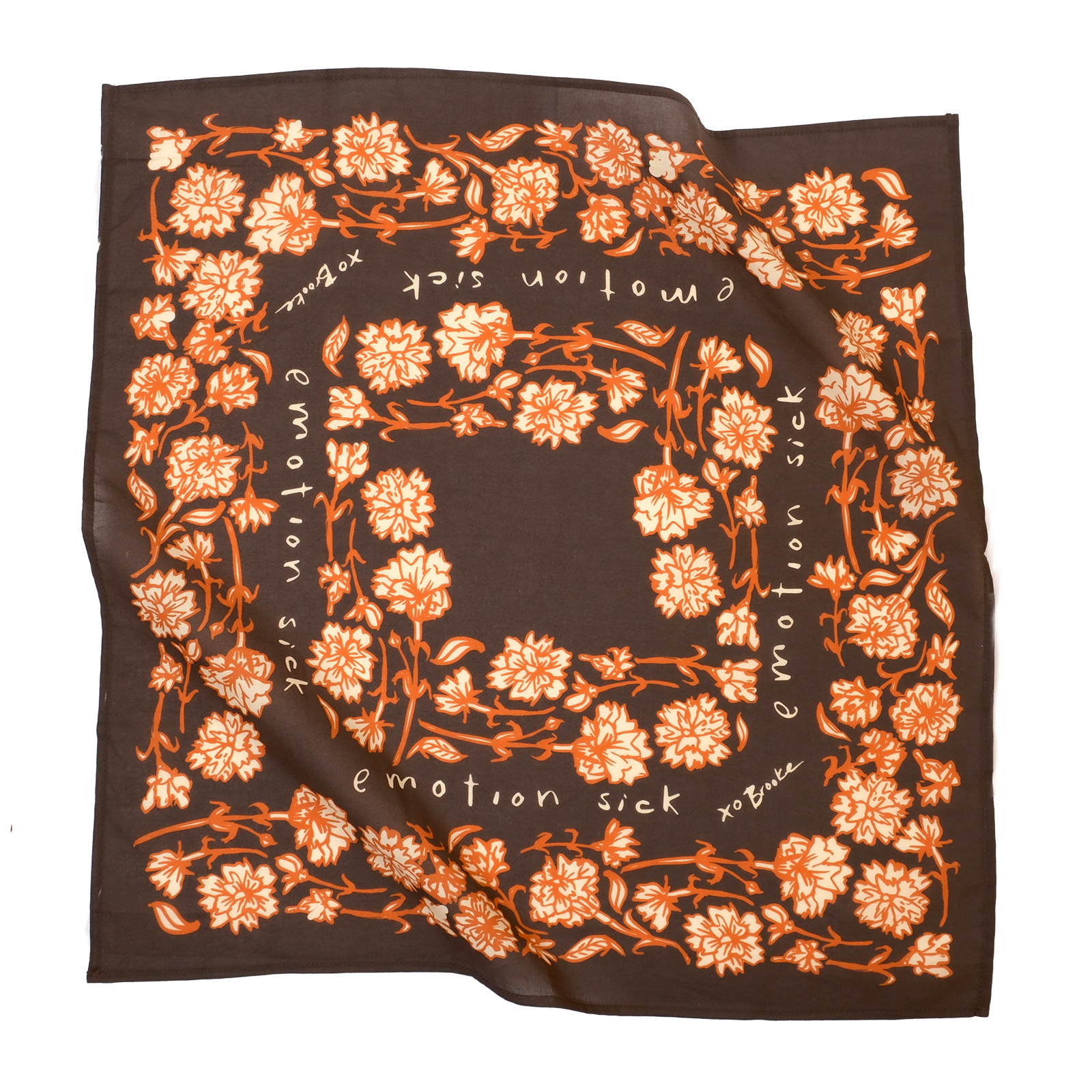 Brown bandana with orange floral pattern and text