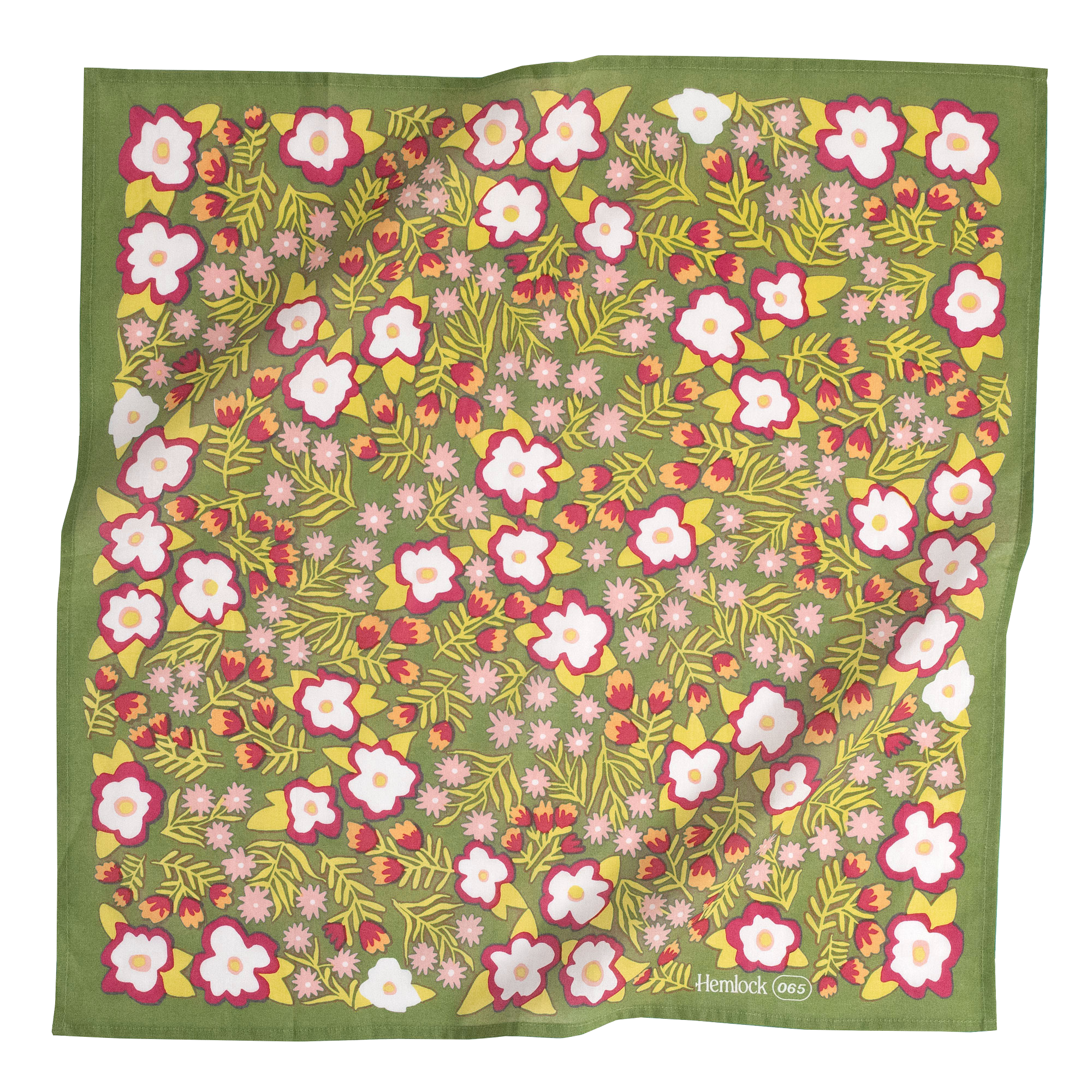 Green floral patterned square scarf with red, pink, and white flowers