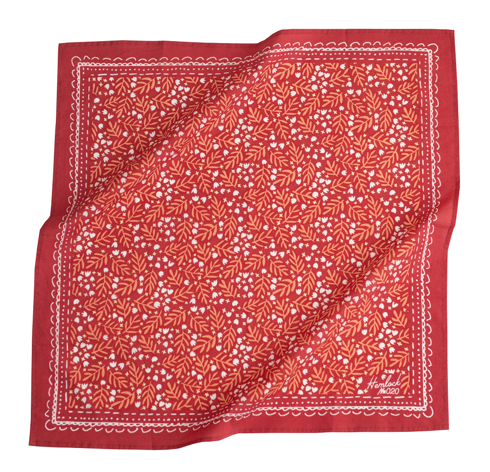 Red bandana with white floral pattern