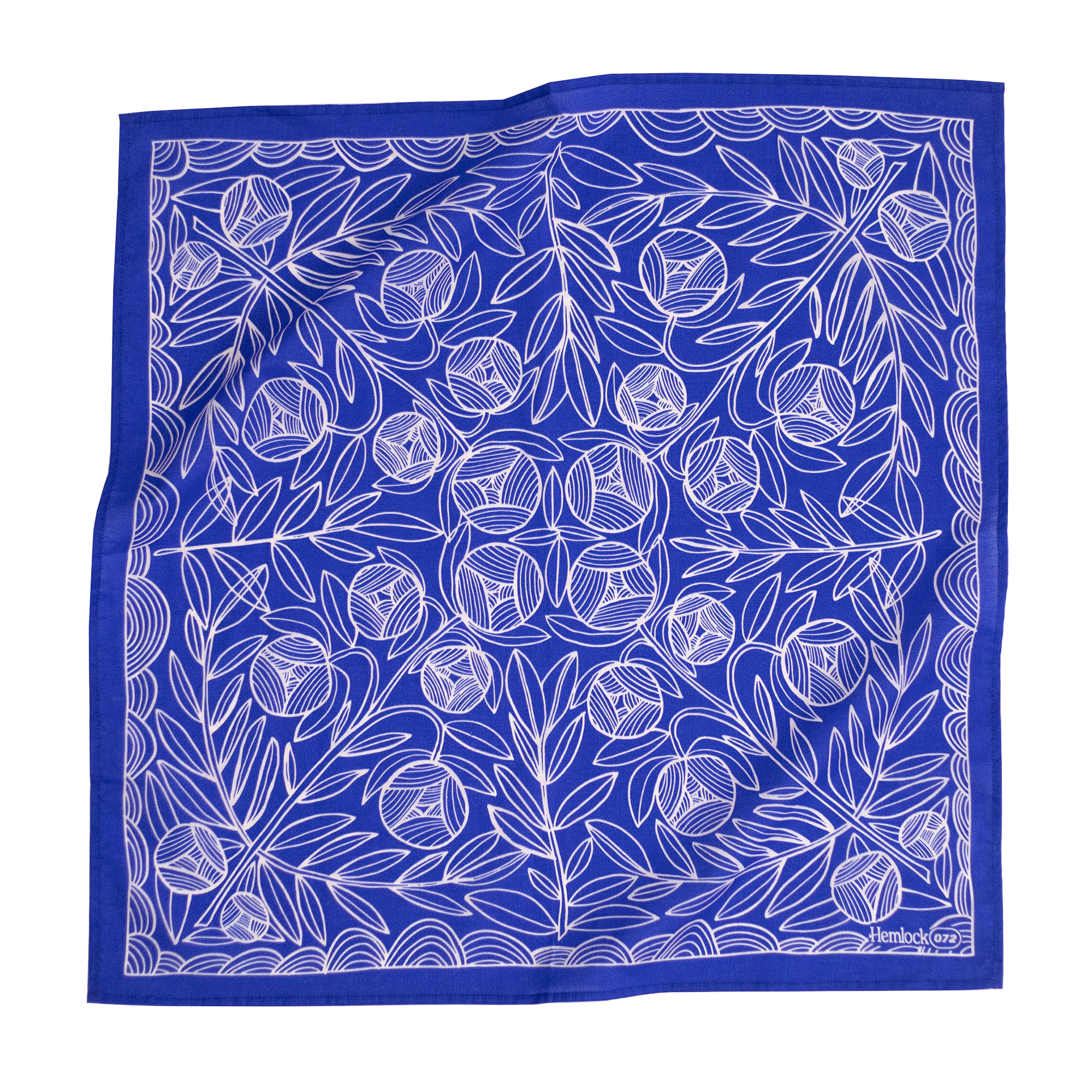 Blue handkerchief with white floral and leaf pattern