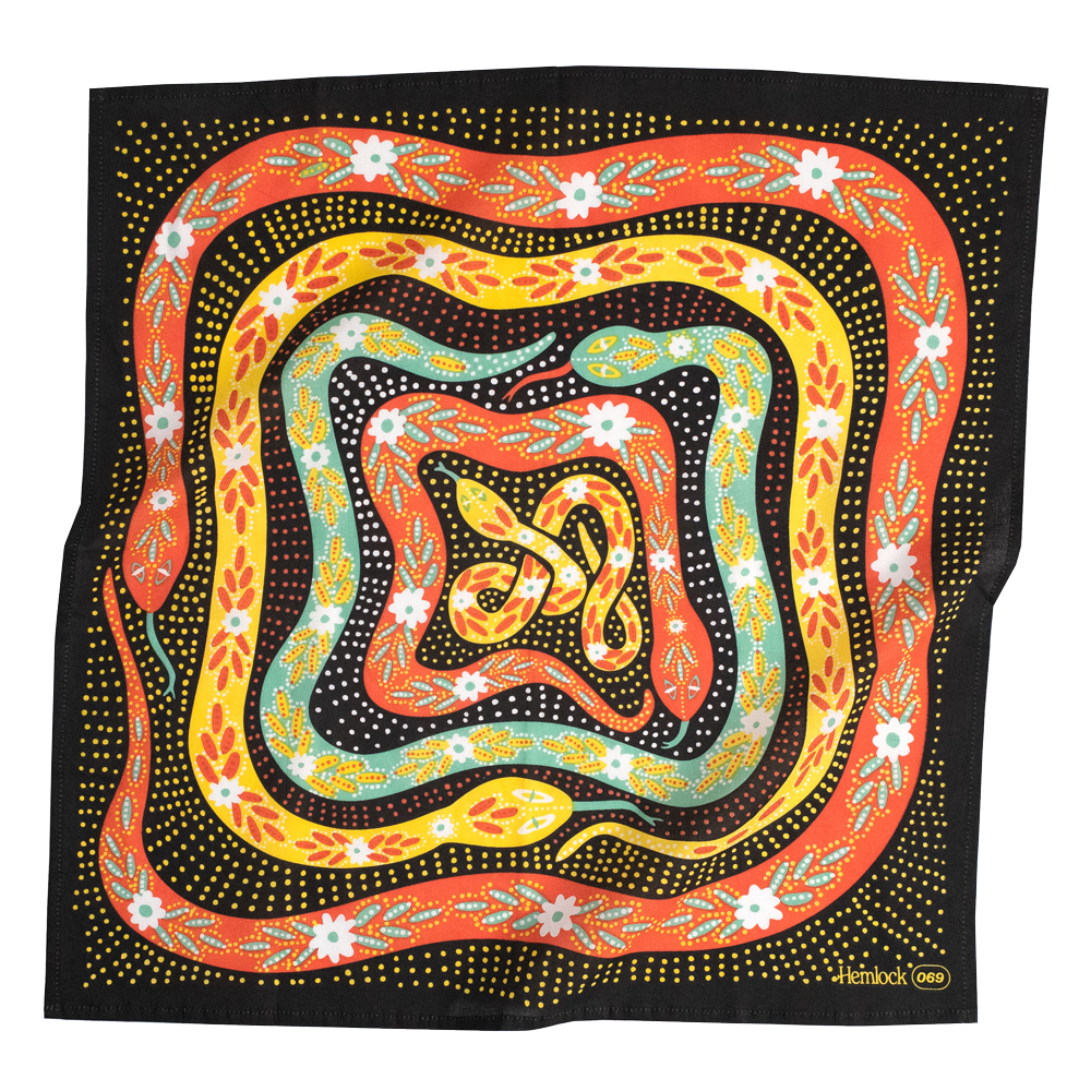 Colorful abstract design featuring coiled snakes on a black background.